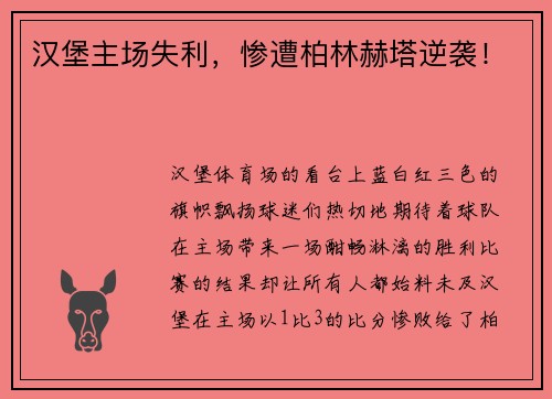 汉堡主场失利，惨遭柏林赫塔逆袭！